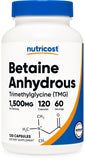 Nutricost Betaína Anhidra: cápsulas de 750 mg en frasco para uso diario.