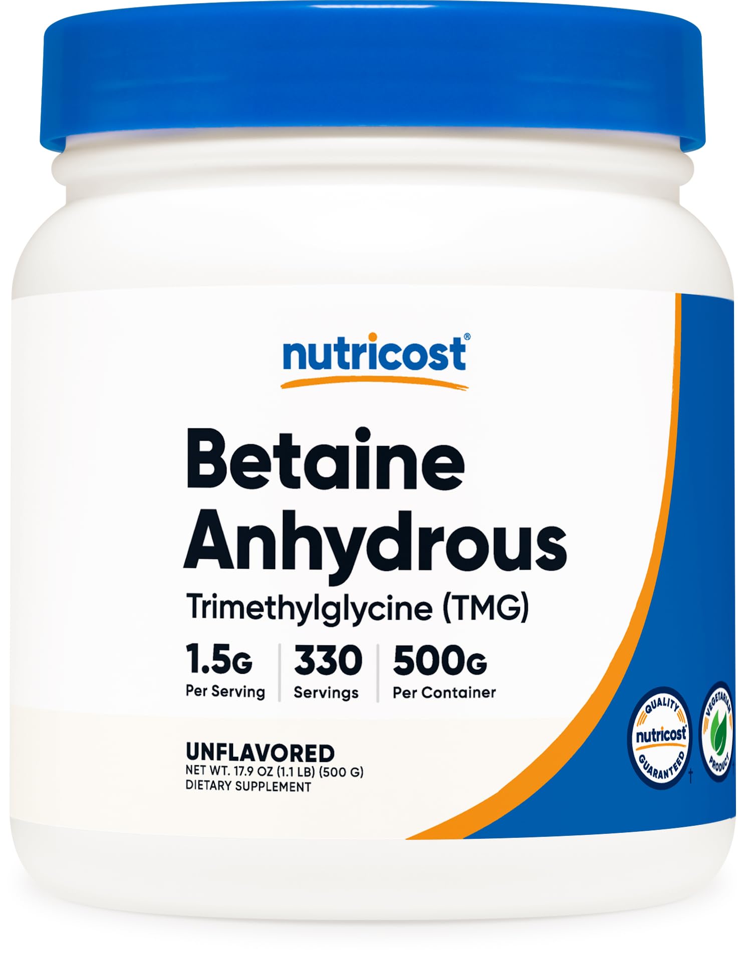 Nutricost Betaína Anhidra en polvo, envase visible para uso diario
