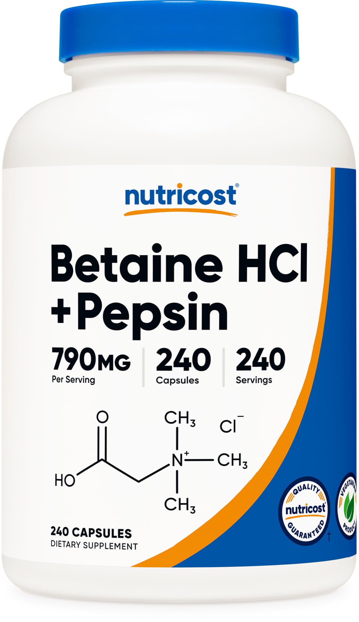 Nutricost Betaína HCl Pepsina, botella visible, soporte digestivo para comidas