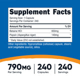 Nutricost Betaína HCl Pepsina cápsulas de tamaño práctico para uso diario