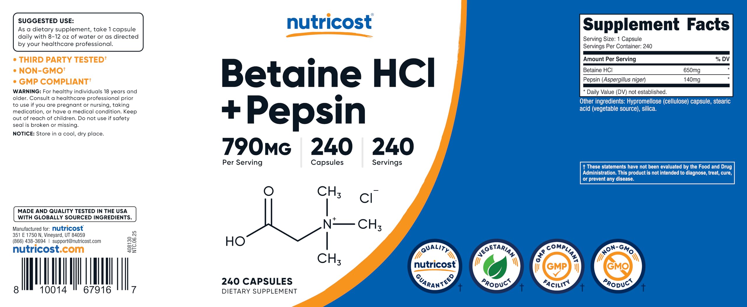 Nutricost Betaína HCl Pepsina dosis diaria para consumo regular
