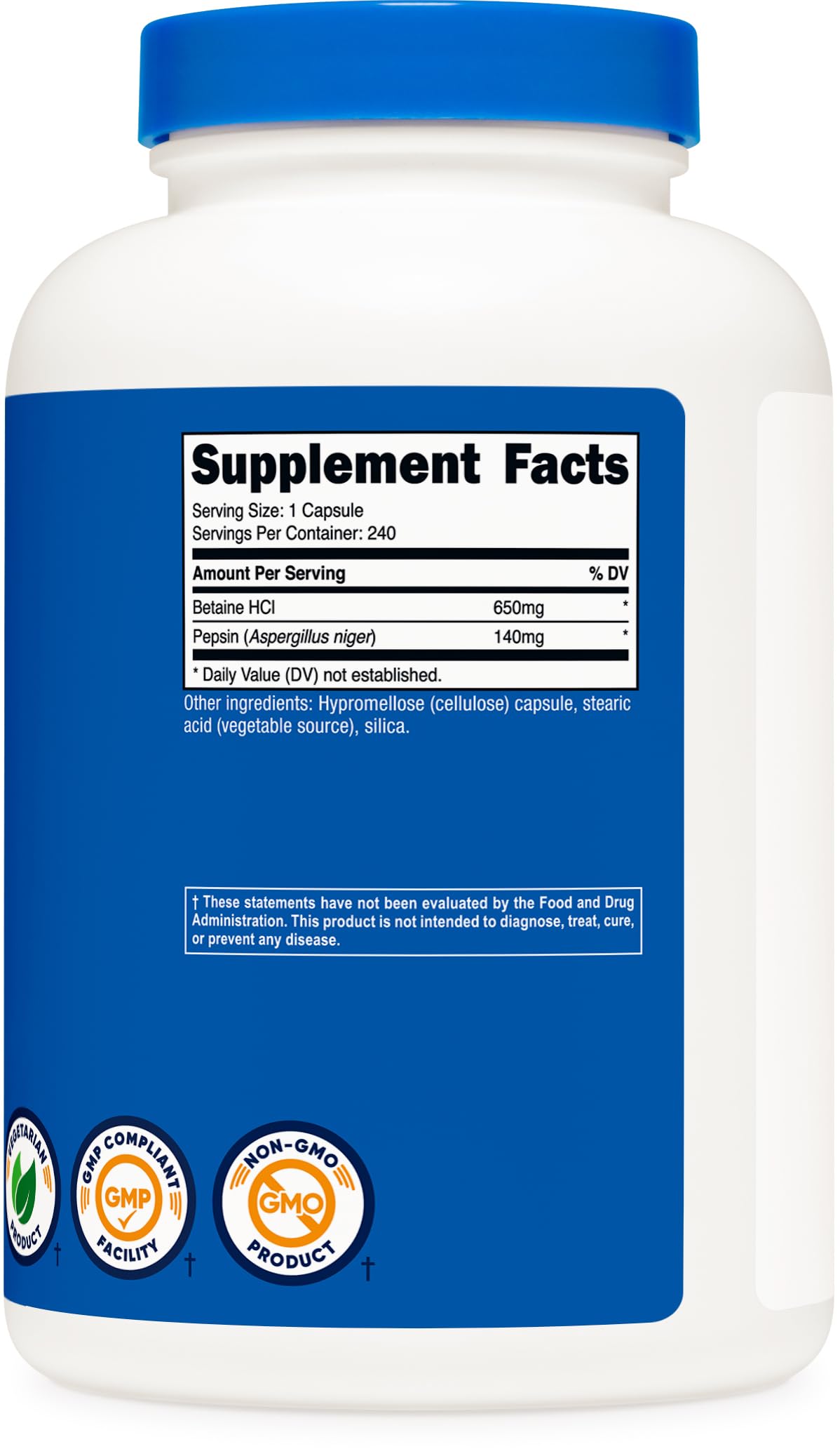 Nutricost Betaína HCl Pepsina envase práctico para almacenamiento y uso conveniente