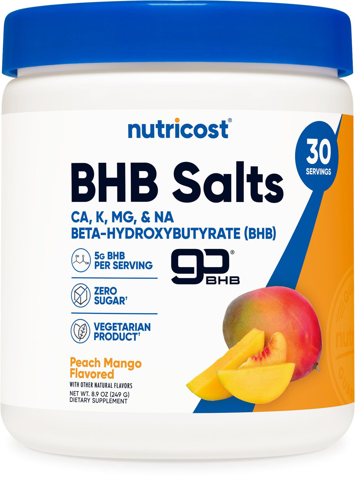Nutricost BHB Salts Drink Mix en botella Peach Mango para un impulso de energía suave