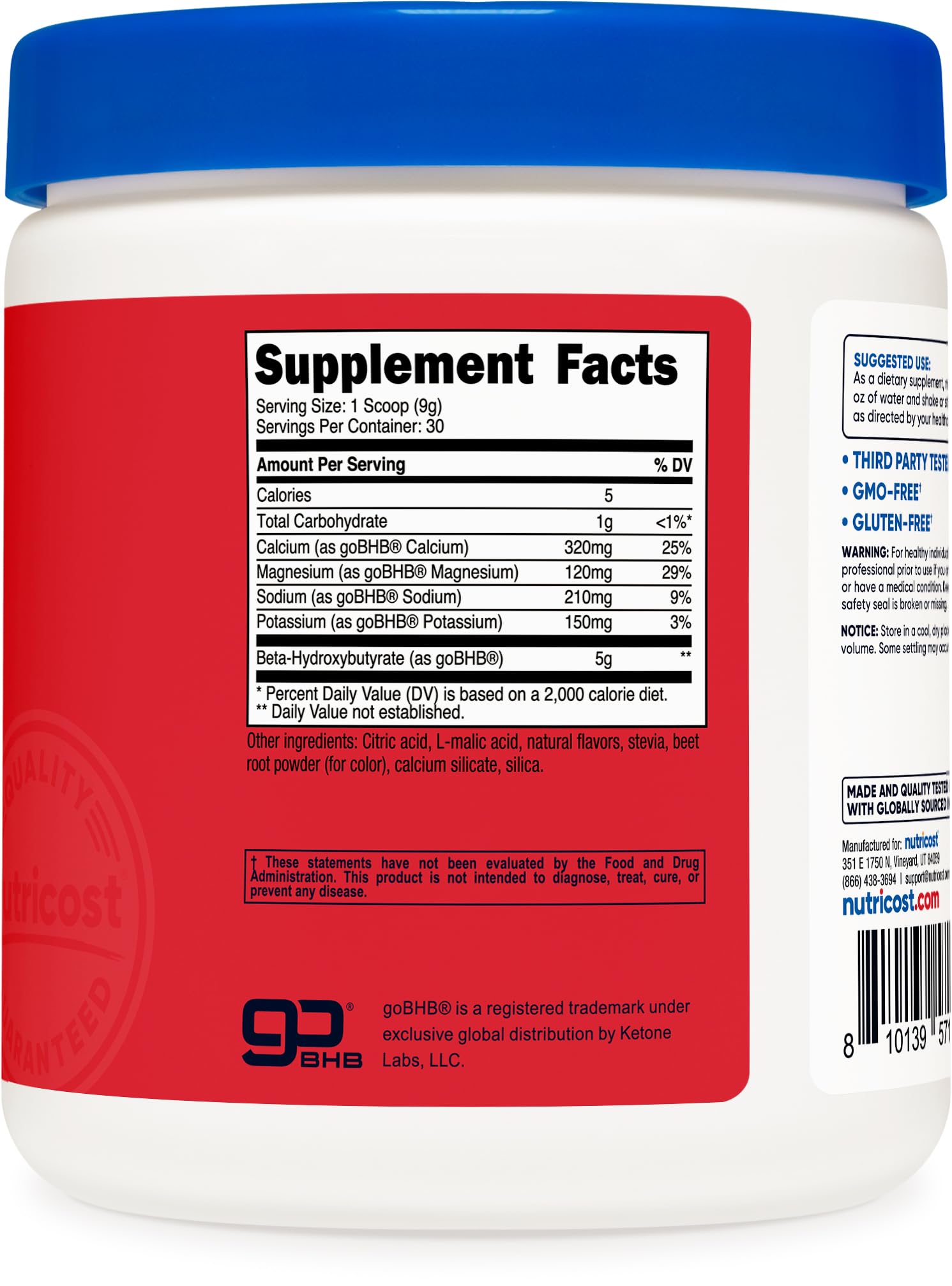 Nutricost BHB Salts Drink Mix, destacando calidad y proceso de fabricación.