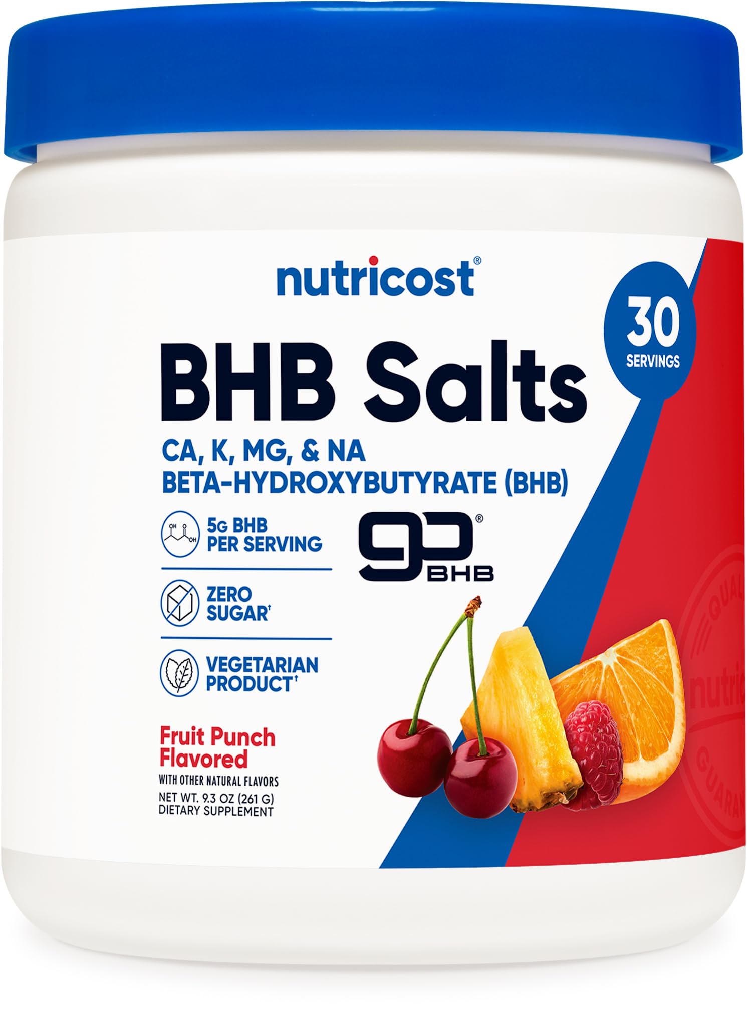 Nutricost BHB Salts Drink Mix en frasco, sabor Fruta Punch, ideal para energía diaria.