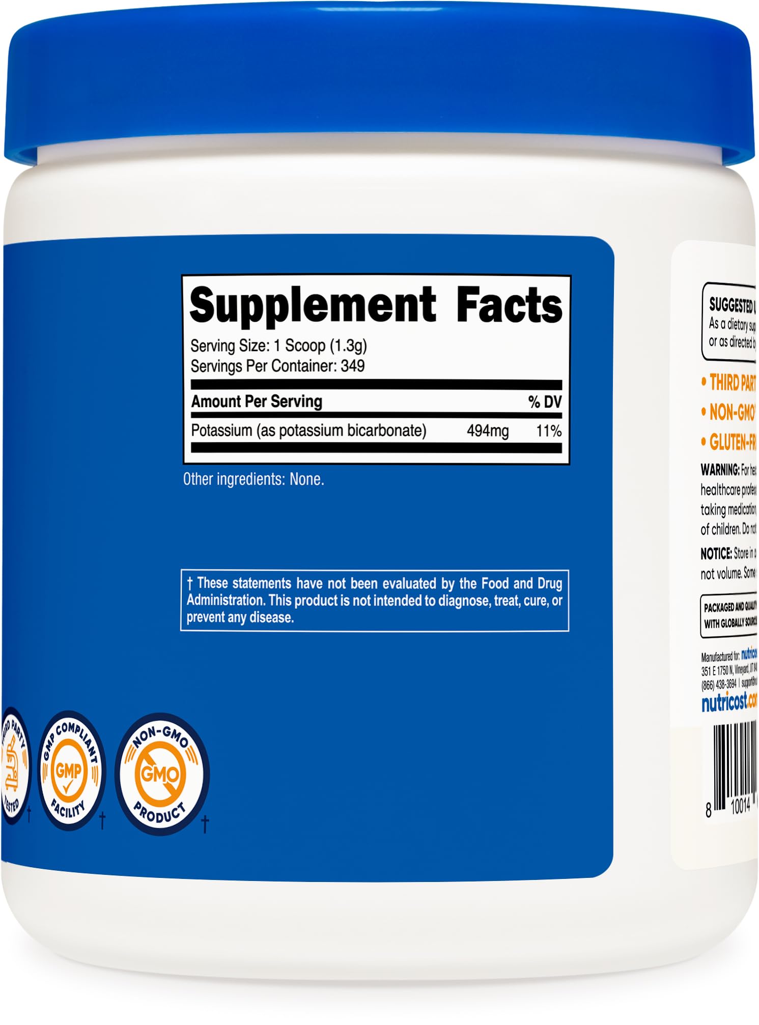 Nutricost bicarbonato de potasio polvo 1 lb, envase práctico para despensa y almacenamiento.