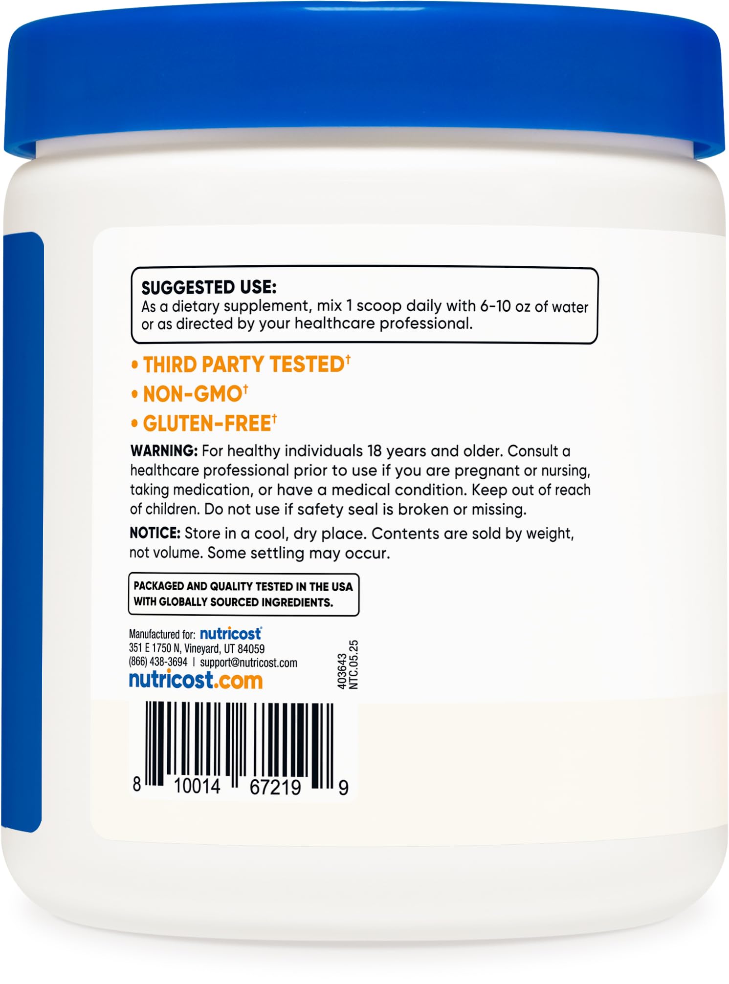 Nutricost bicarbonato de potasio polvo 1 lb, etiqueta GMP, proceso controlado para uso doméstico.
