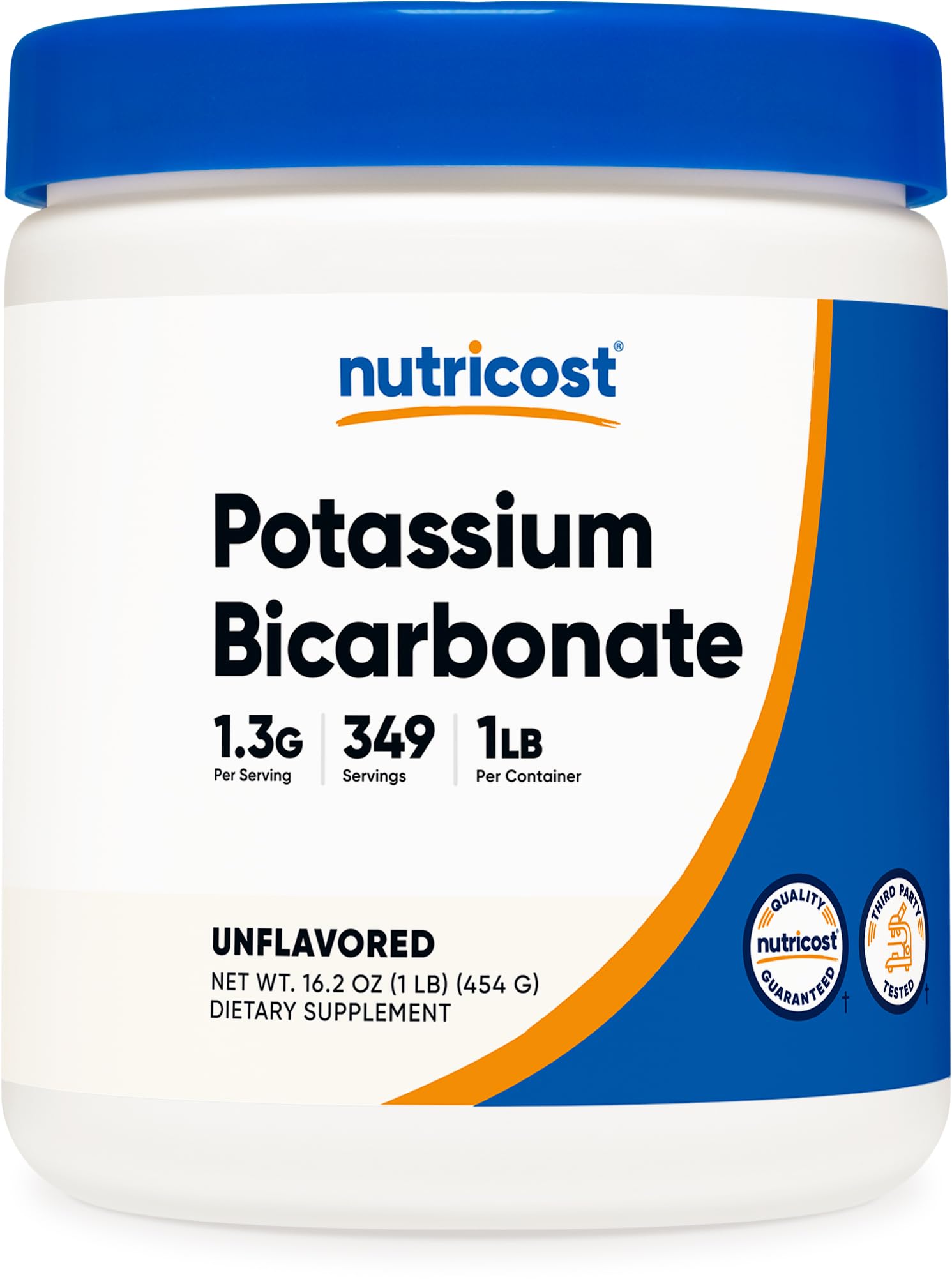 Nutricost bicarbonato de potasio polvo 1 lb con etiqueta visible, ideal para recetas sin gluten.