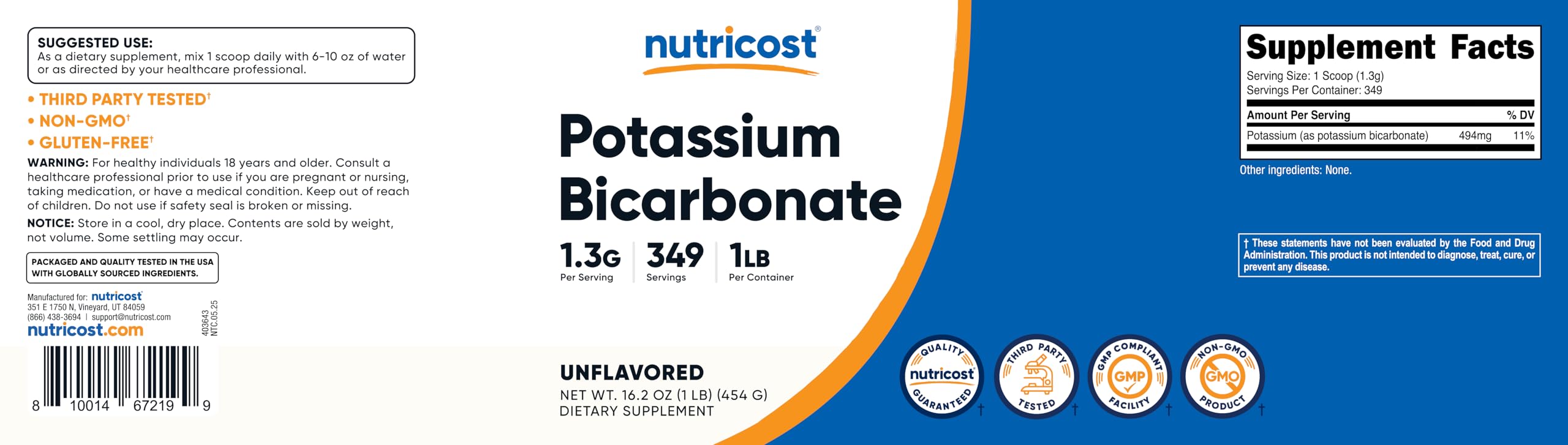 Nutricost bicarbonato de potasio polvo 1 lb, opción sin OGM y sin gluten para recetas seguras.