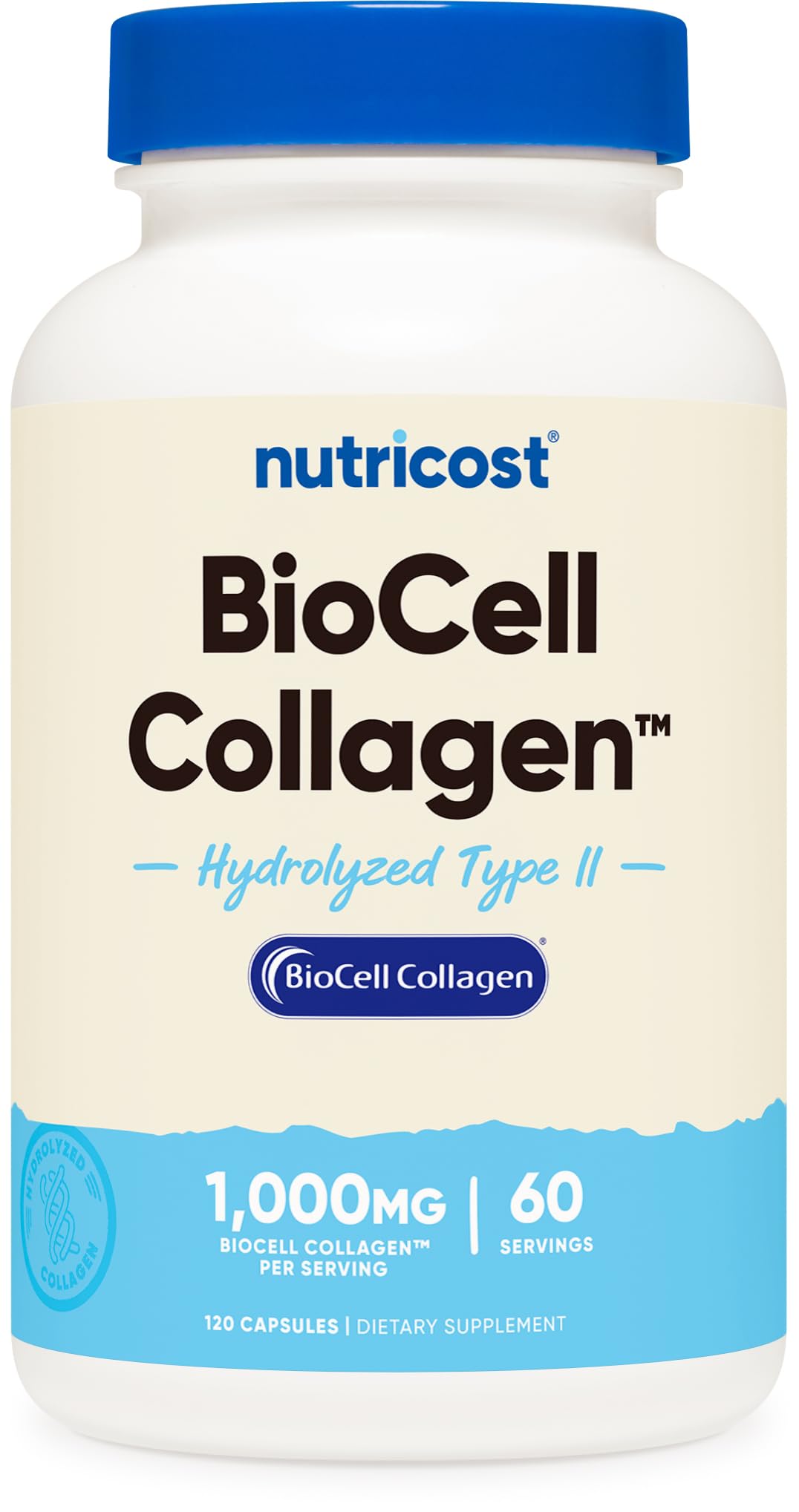 Nutricost BioCell Collagen cápsulas en botella, 1000 mg por porción, posible apoyo a articulaciones y piel
