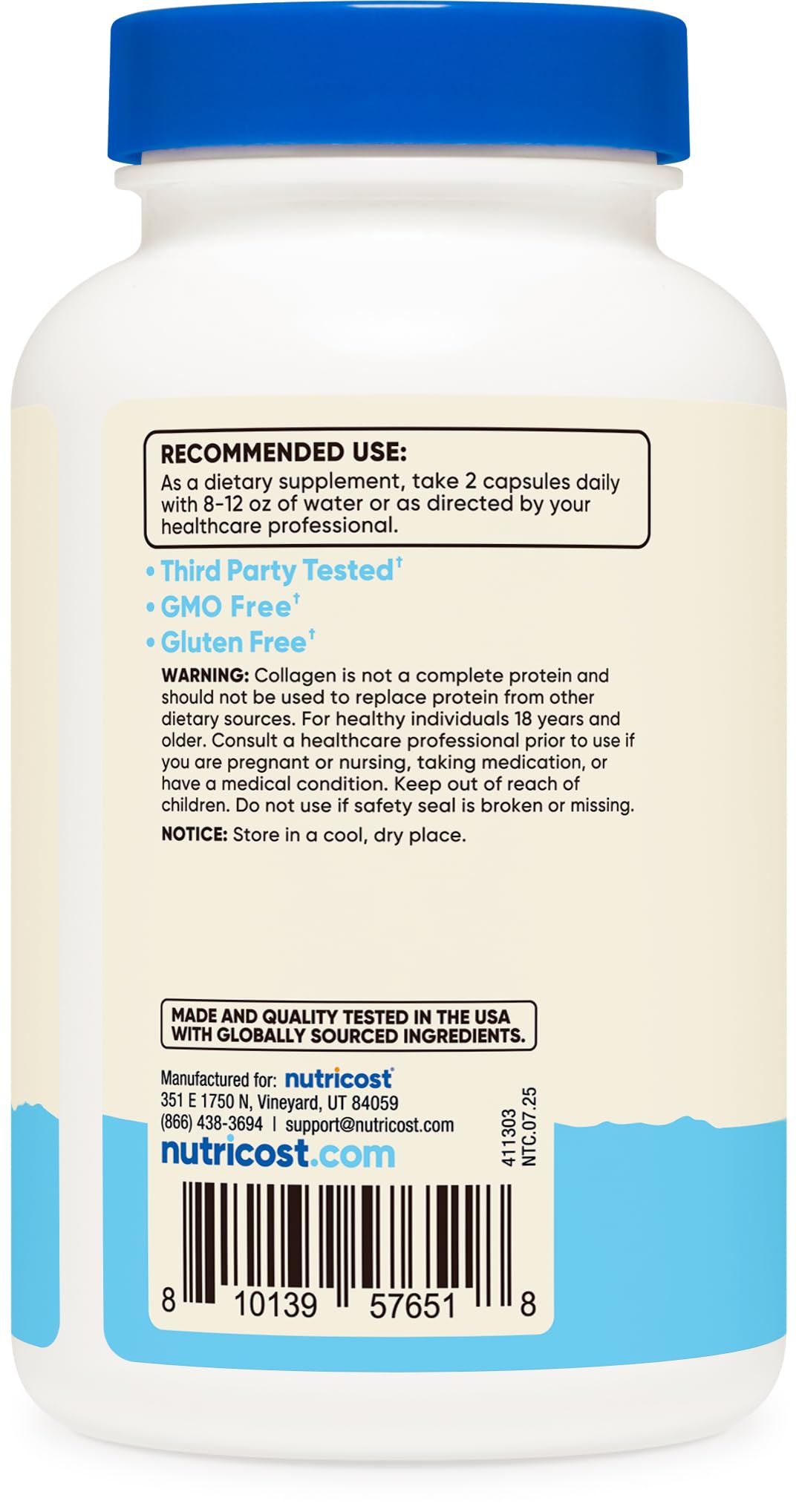 Nutricost BioCell Collagen cápsulas, empaque certificado por NSF y GMP; instalación FDA registrada