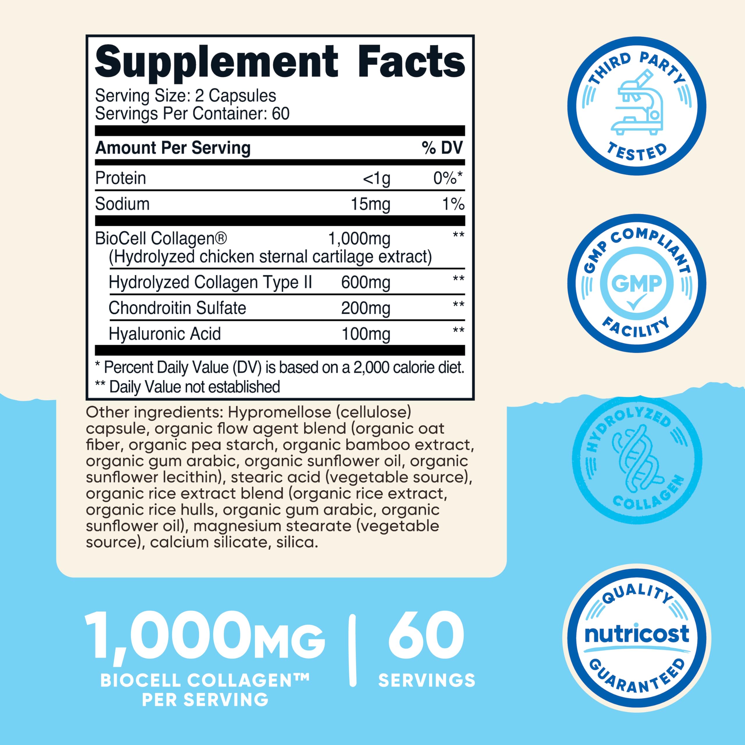 Nutricost BioCell Collagen etiqueta frontal, sin OGM y sin gluten para mayor claridad