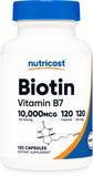 Nutricost Biotina 10000mcg, cápsulas, uso diario para apoyo al cabello y uñas.