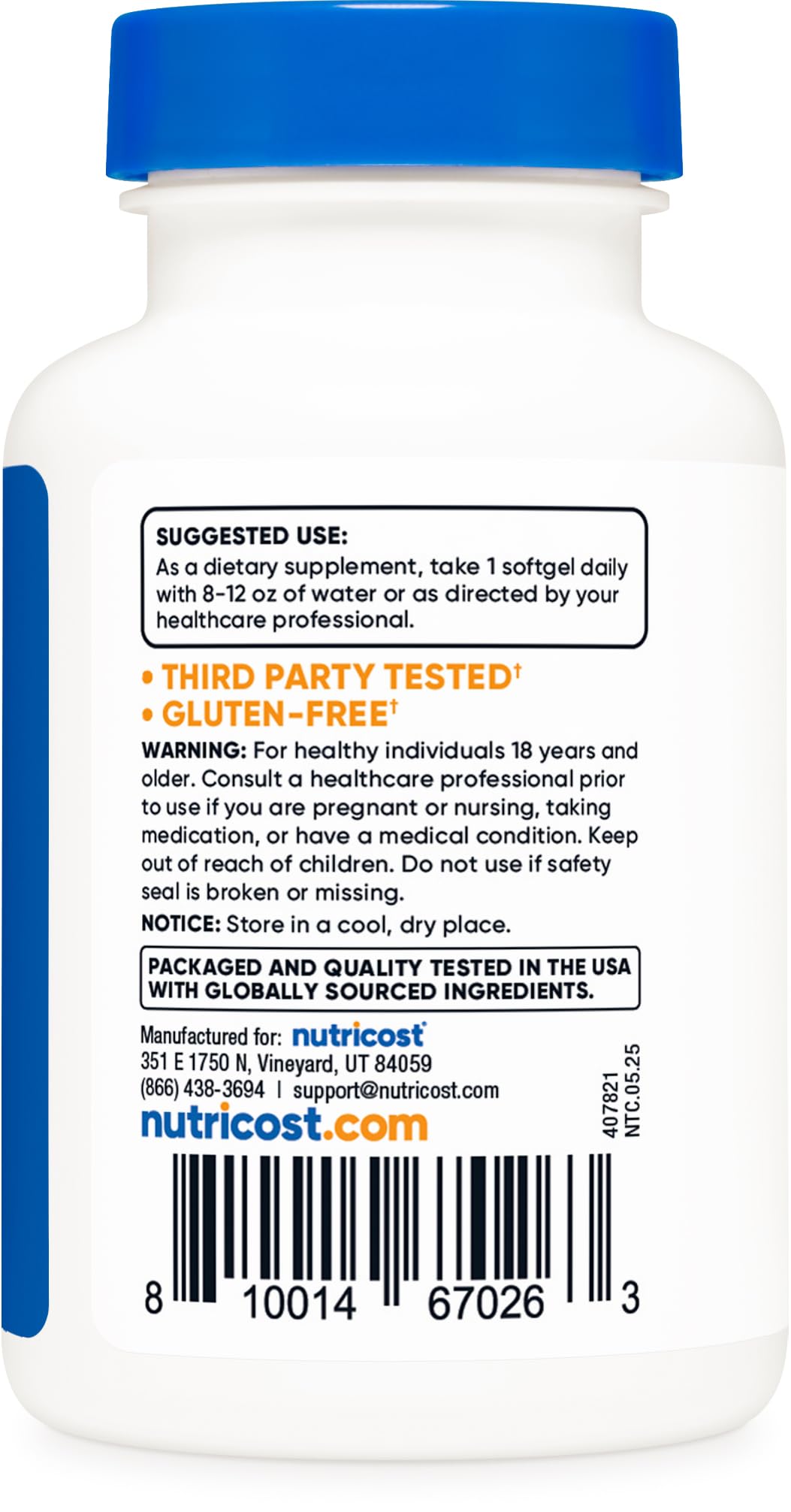 Nutricost Biotina 10000mcg, empaque de botella para almacenamiento seguro