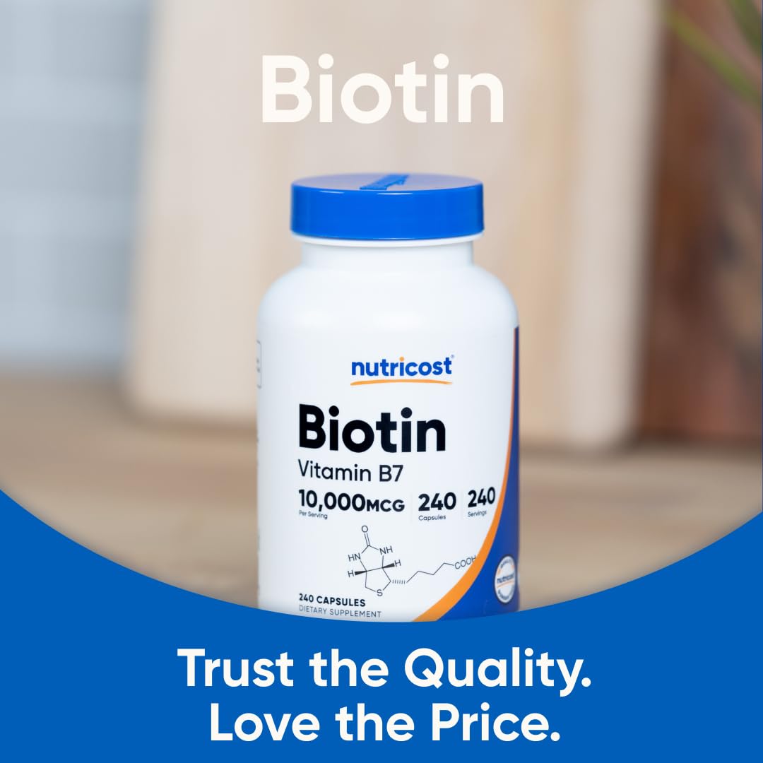 Biotina Nutricost 10 mg, cápsulas fáciles de tomar