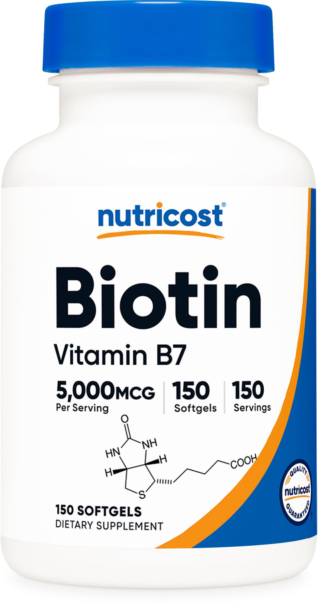 Nutricost Biotina 5000 mcg, frasco de cápsulas para uso diario.