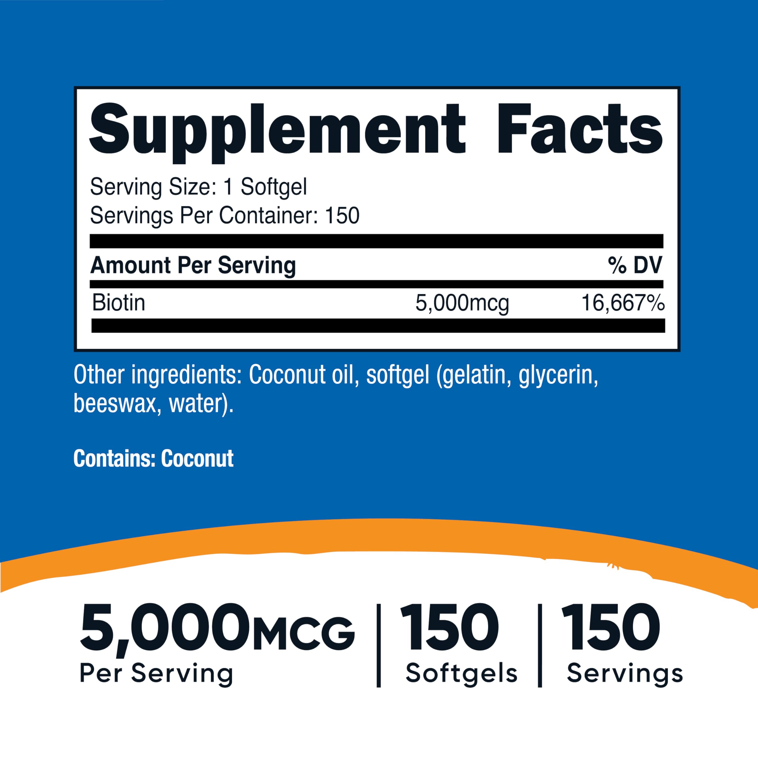 Nutricost Biotina 5000 mcg, cápsulas suaves para tragar fácilmente.