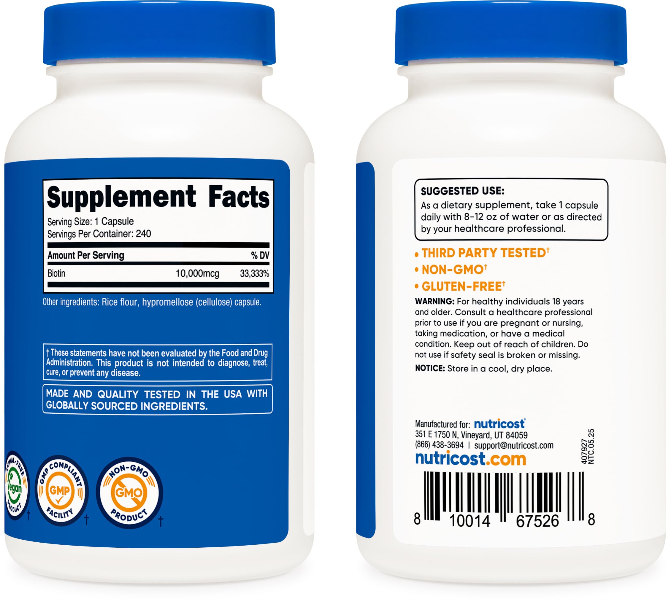 Biotina Nutricost sin gluten, apta para dietas