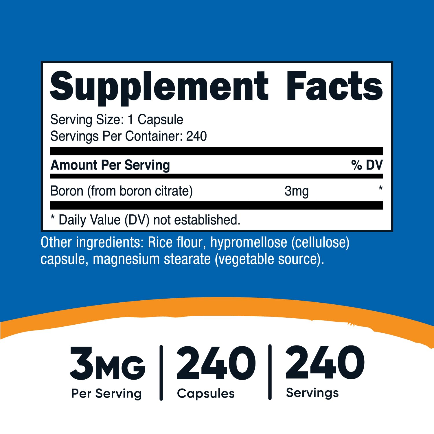 Botella Nutricost Boro 3mg con 240 cápsulas para porciones.