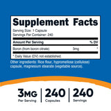 Botella Nutricost Boro 3mg con 240 cápsulas para porciones.