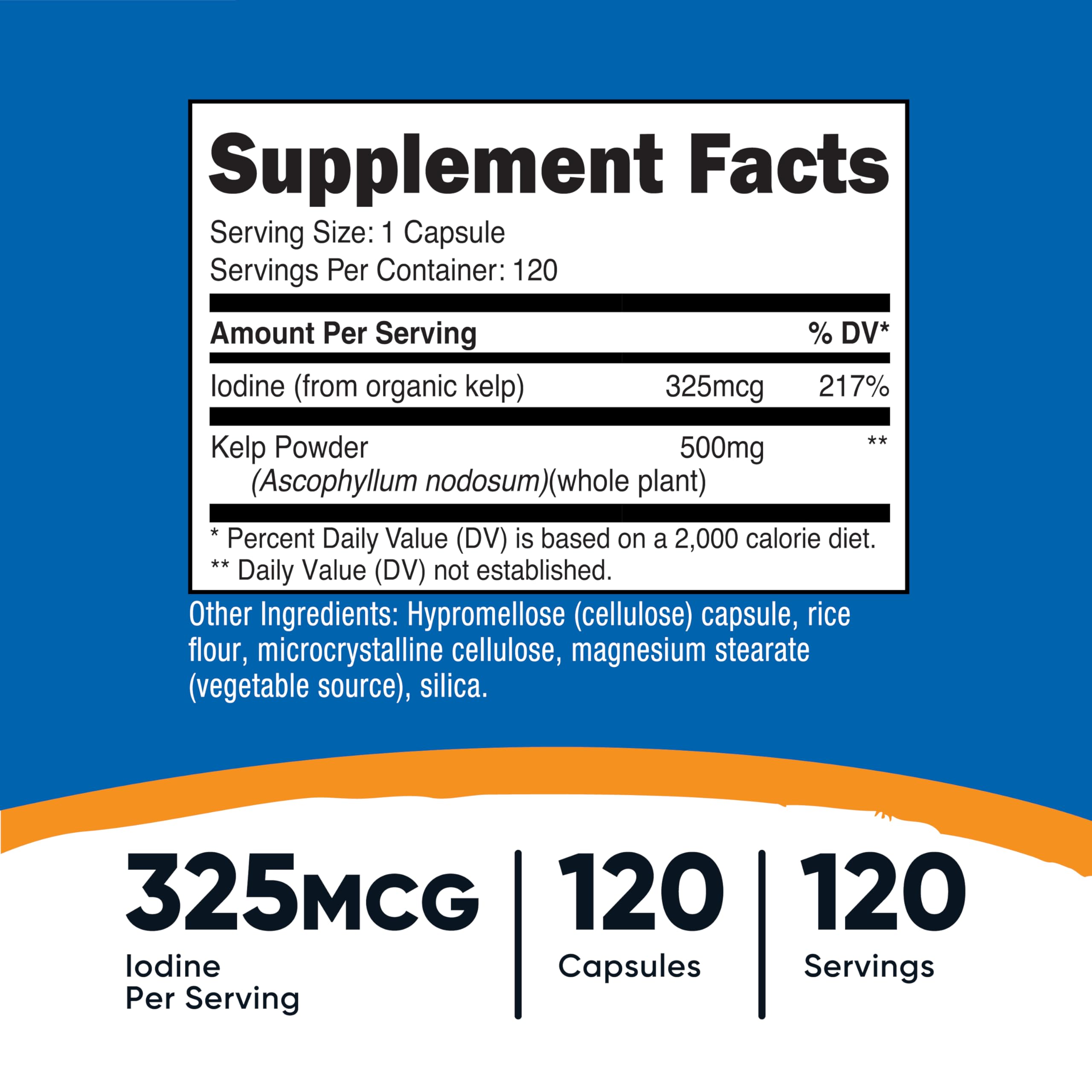 Nutricost botella cápsulas alga-iodina, consumo cómodo y fácil para tu rutina diaria.