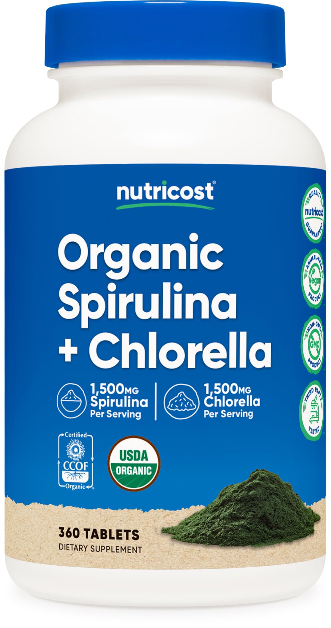 Nutricost Spirulina y Chlorella: bote con 360 tabletas para 60 porciones.