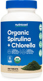 Nutricost Spirulina y Chlorella: bote con 360 tabletas para 60 porciones.