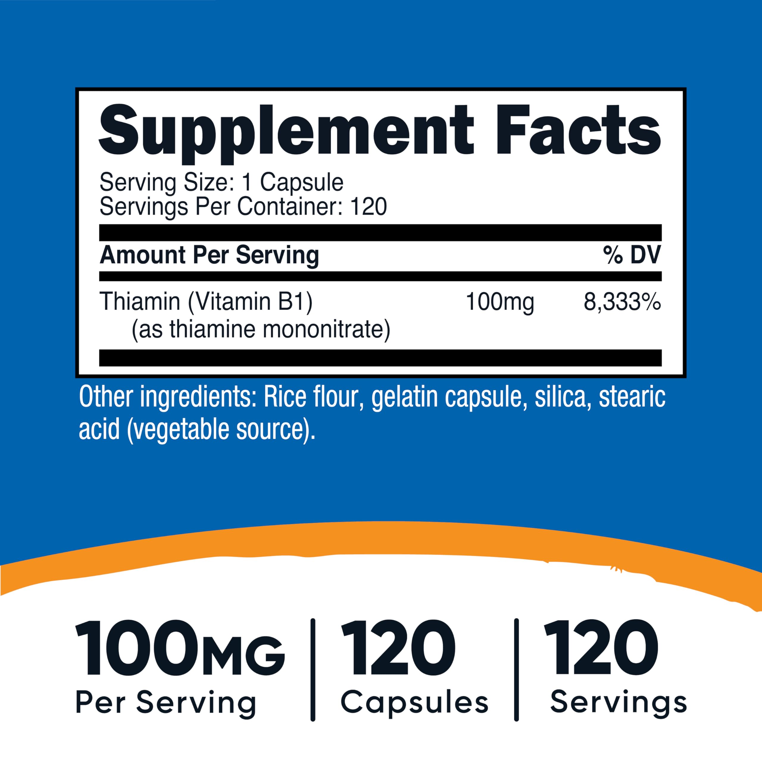 Nutricost Tiamina 100 mg en botella de 120 cápsulas, conveniente para tu rutina diaria.