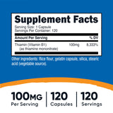 Nutricost Tiamina 100 mg en botella de 120 cápsulas, conveniente para tu rutina diaria.