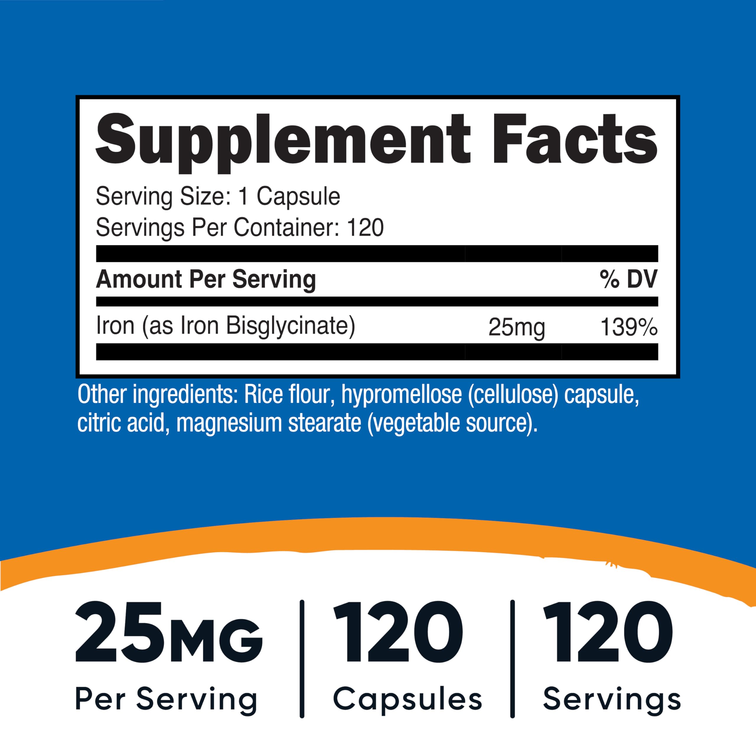 Nutricost botella de 120 cápsulas para soporte continuo de hierro.