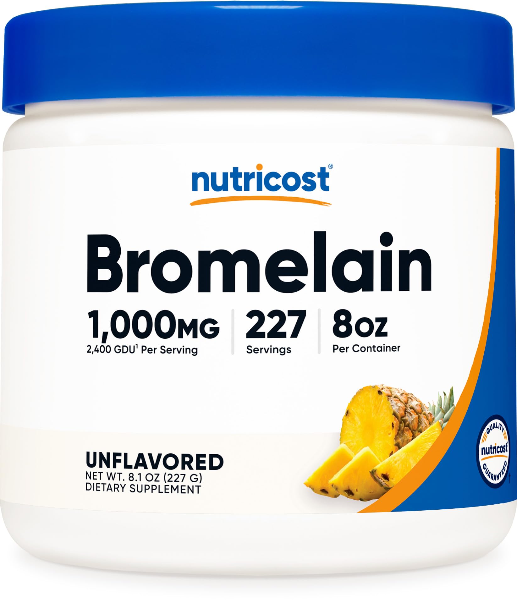 Nutricost Bromelina en polvo en envase de 8 oz para incorporar a batidos.