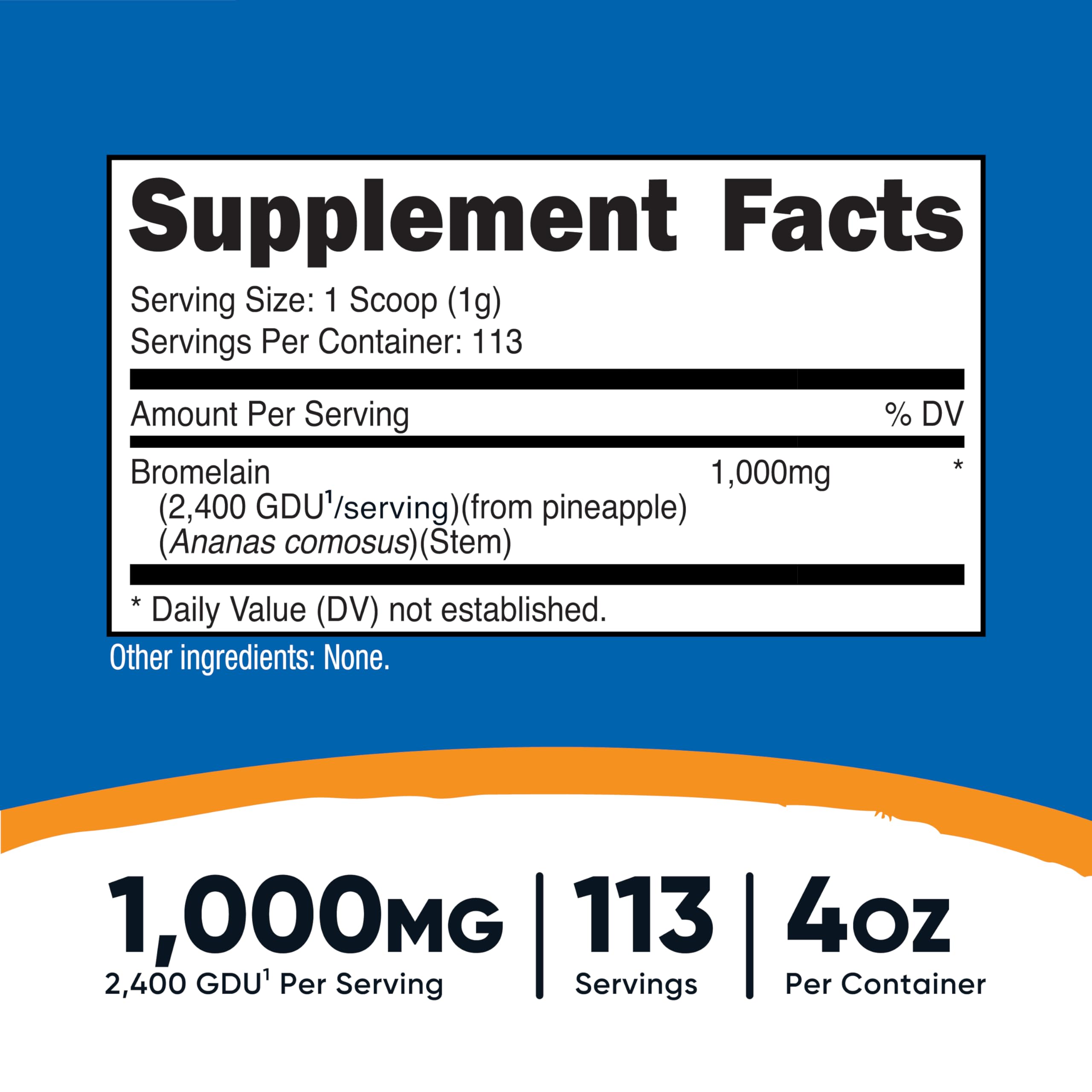 Nutricost Bromelina Polvo, porción de 1000mg, dosis diaria conveniente.
