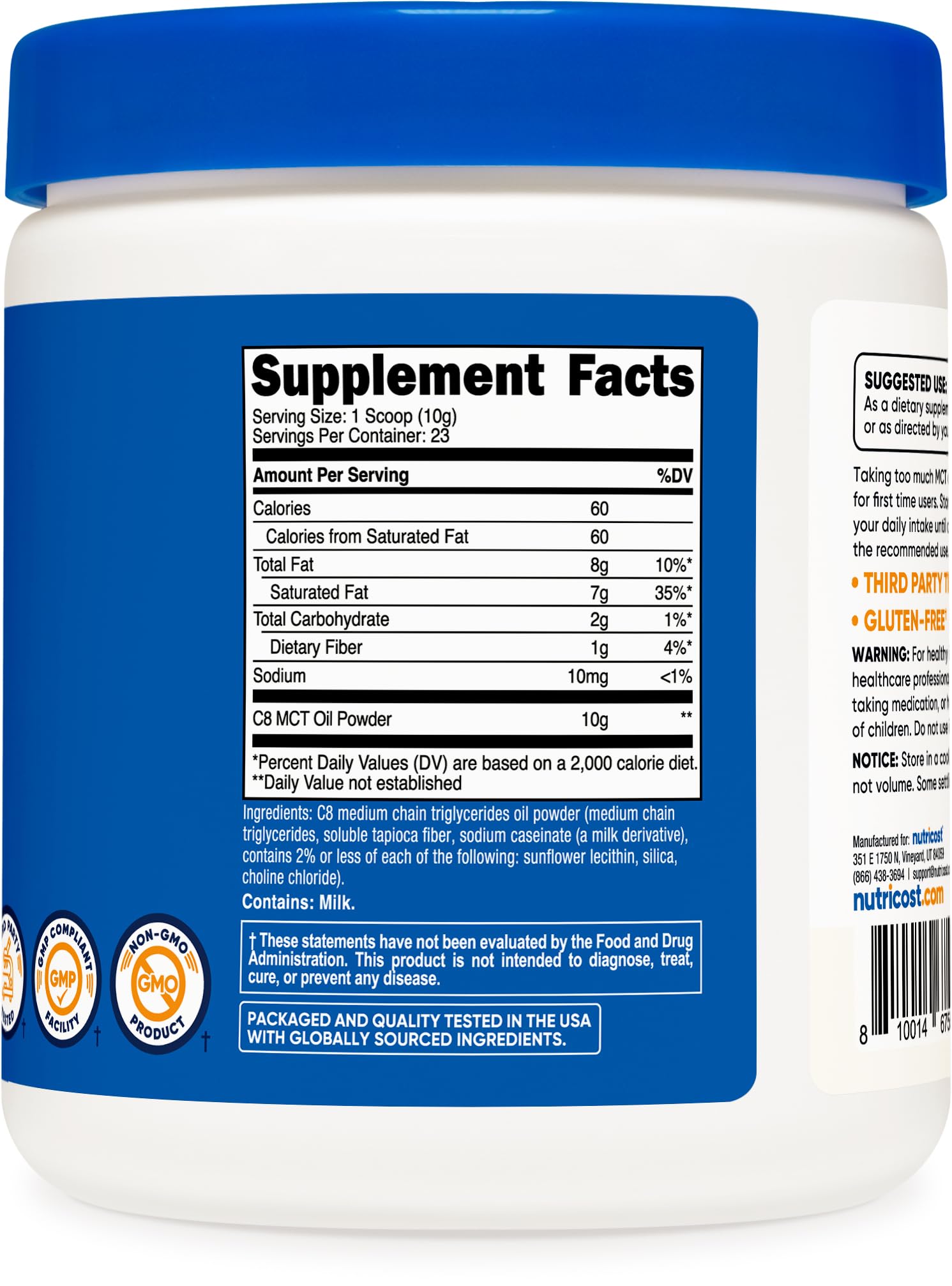 Nutricost C8 MCT Powder, 1 scoop incluido, conveniente para porciones diarias.