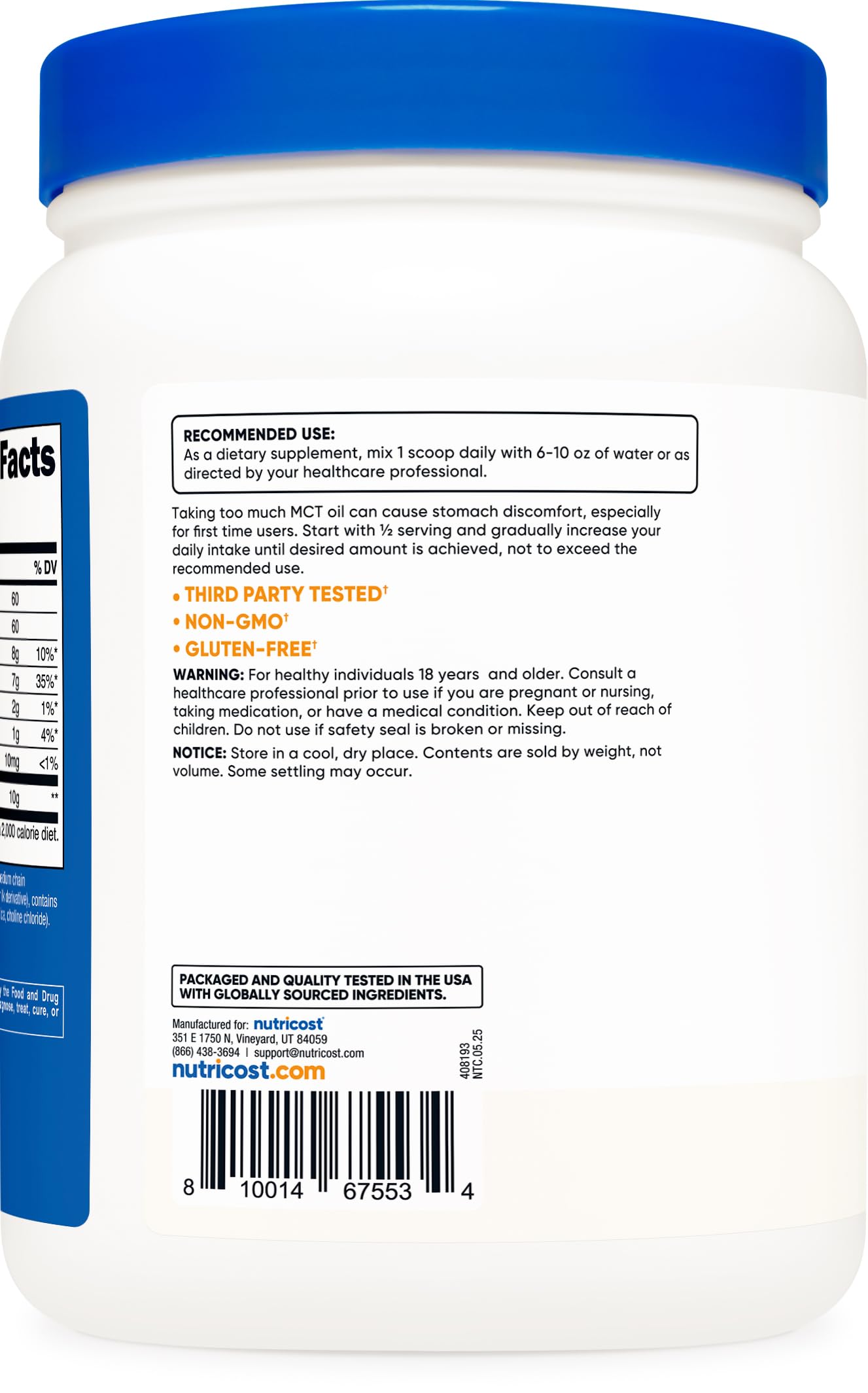 Nutricost C8 MCT polvo, etiqueta de la marca Nutricost