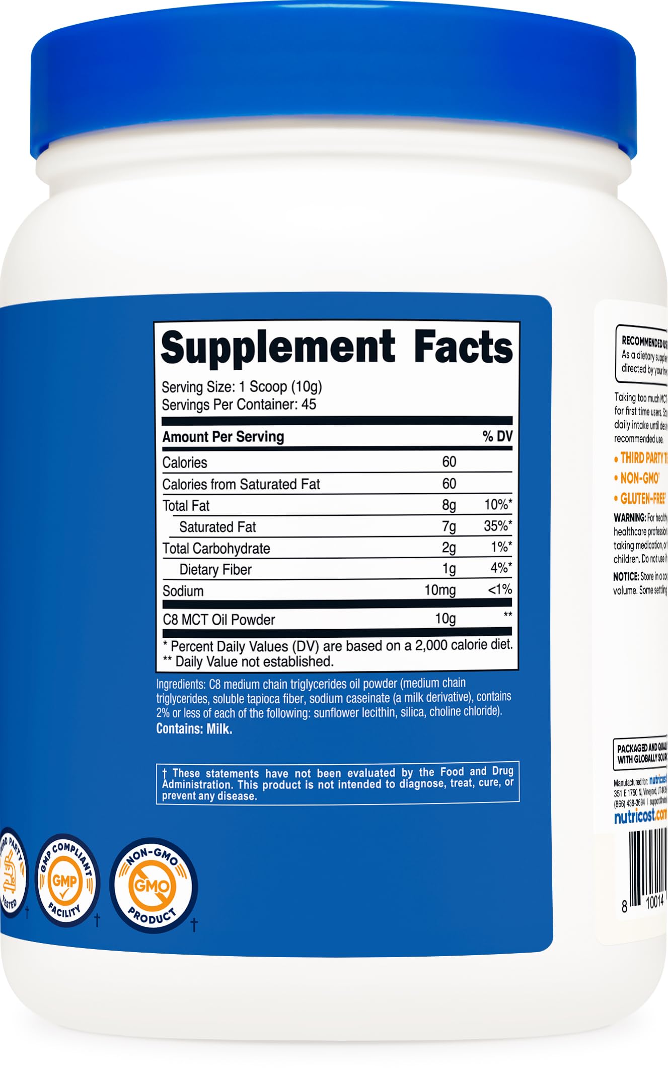 Nutricost C8 MCT polvo, muestra de polvo para iniciar la ingesta