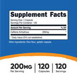 Nutricost cafeína 200 mg, bote con cápsulas para dosis diaria
