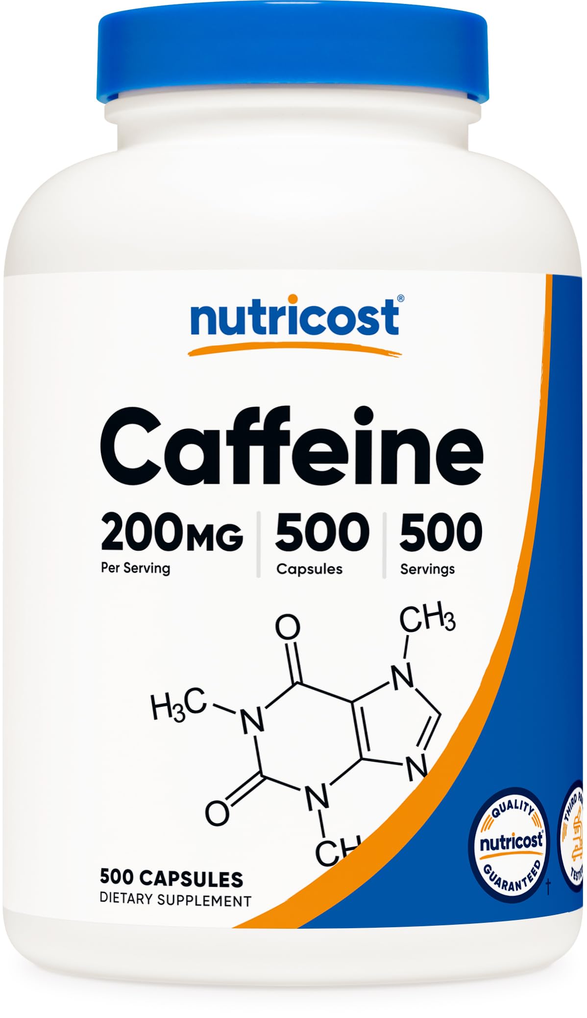 Nutricost cafeína cápsula 200mg, impulso rápido para concentración y energía sostenida.