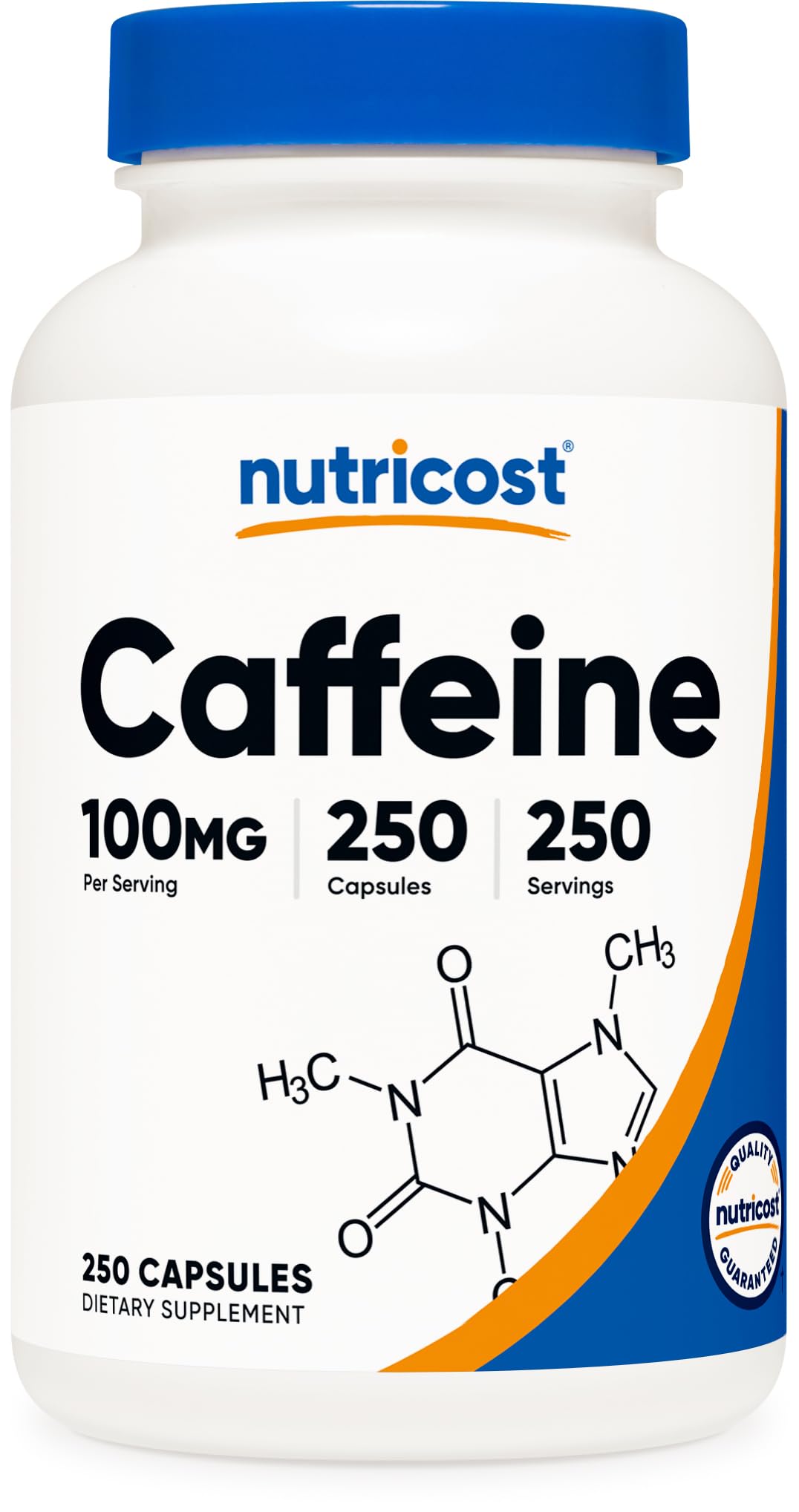 Nutricost cafeína cápsulas en bote para energía sostenida.