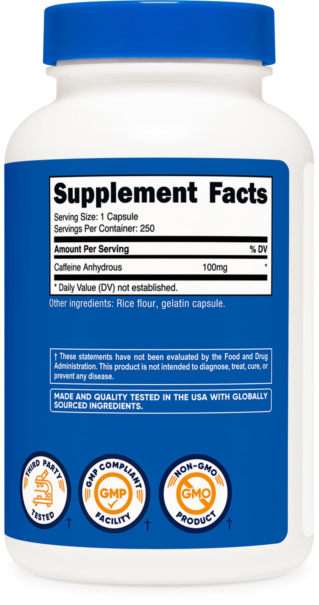 Nutricost cafeína cápsulas 100 mg para concentración matutina.