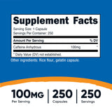 Nutricost cafeína cápsulas etiqueta mostrando calidad y pureza.
