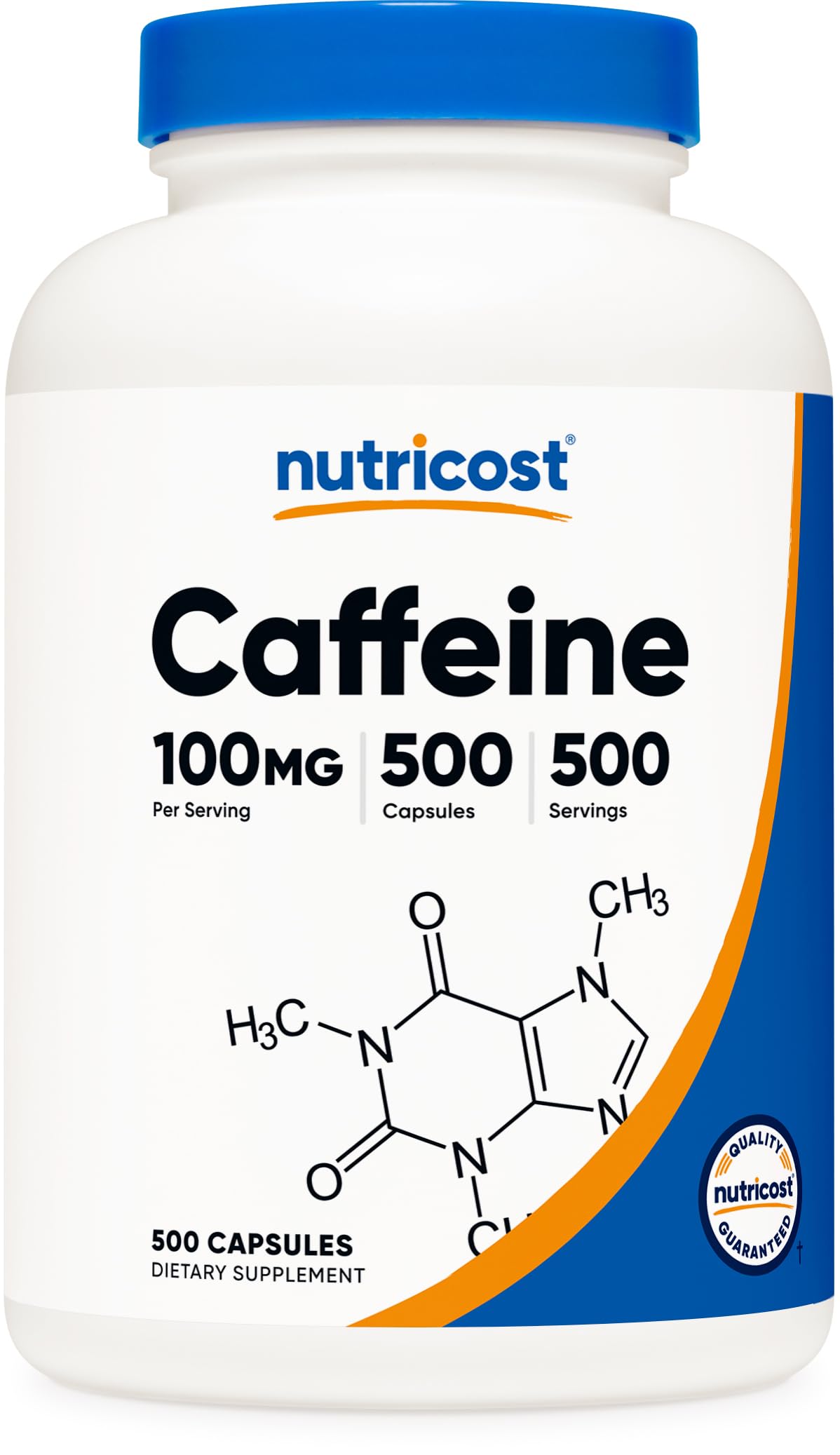 Nutricost Cafeína Píldoras, frente a la botella, energía rápida para empezar el día