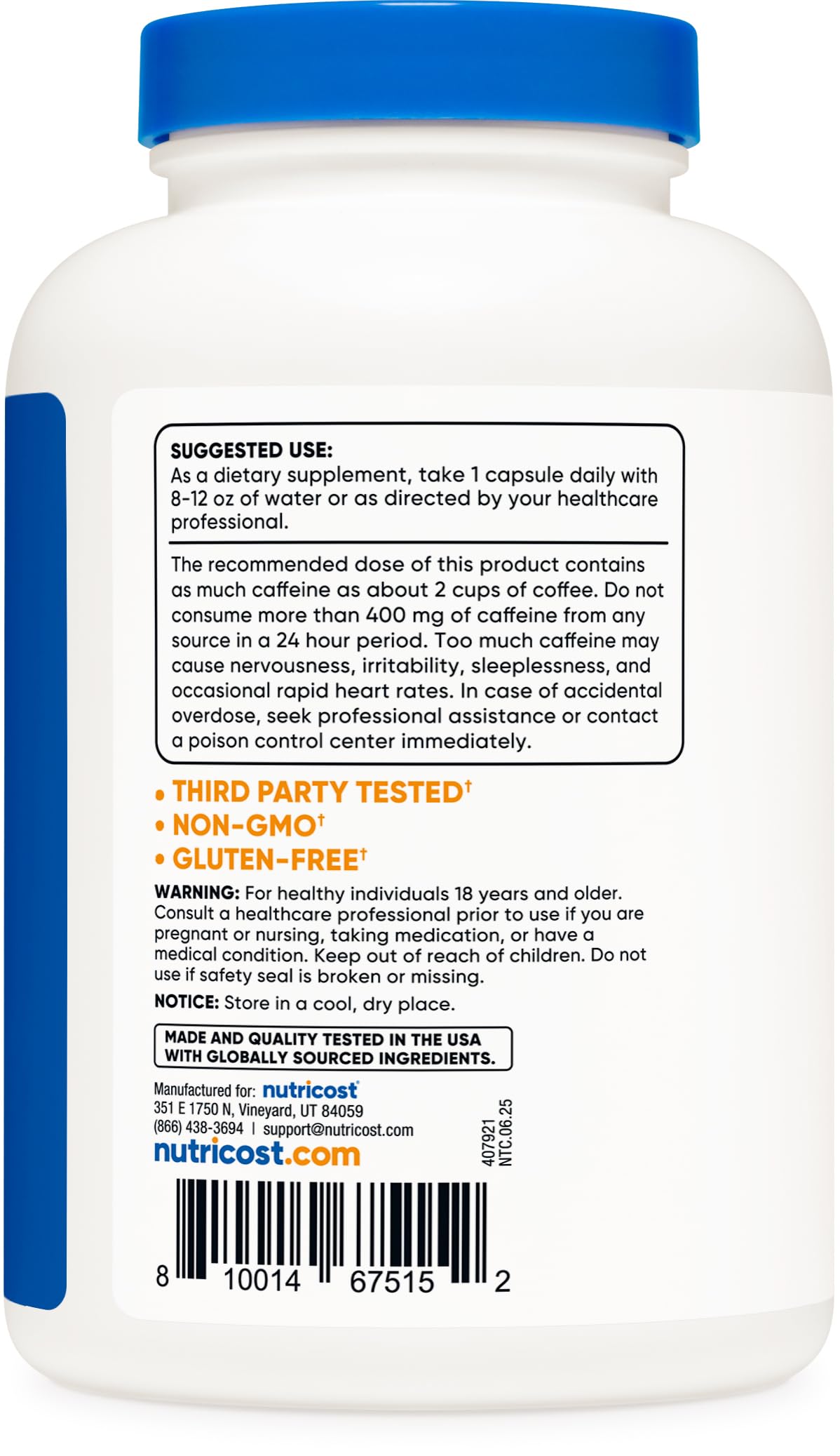 Nutricost cafeína formato cápsula, consumo cómodo para energía instantánea.