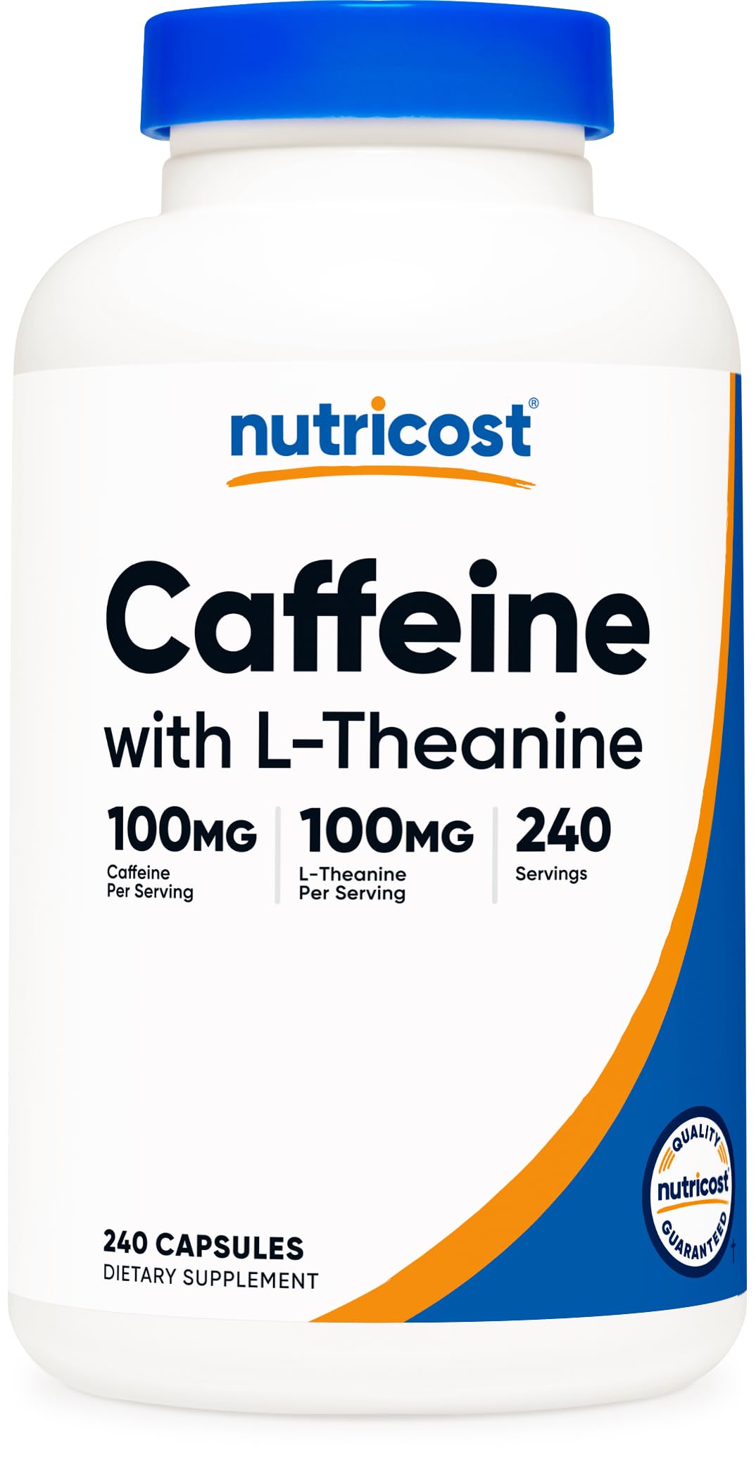 Nutricost Cafeína con L-Teanina: botella de 240 cápsulas para energía equilibrada.