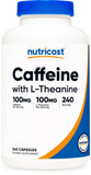 Nutricost Cafeína con L-Teanina: botella de 240 cápsulas para energía equilibrada.