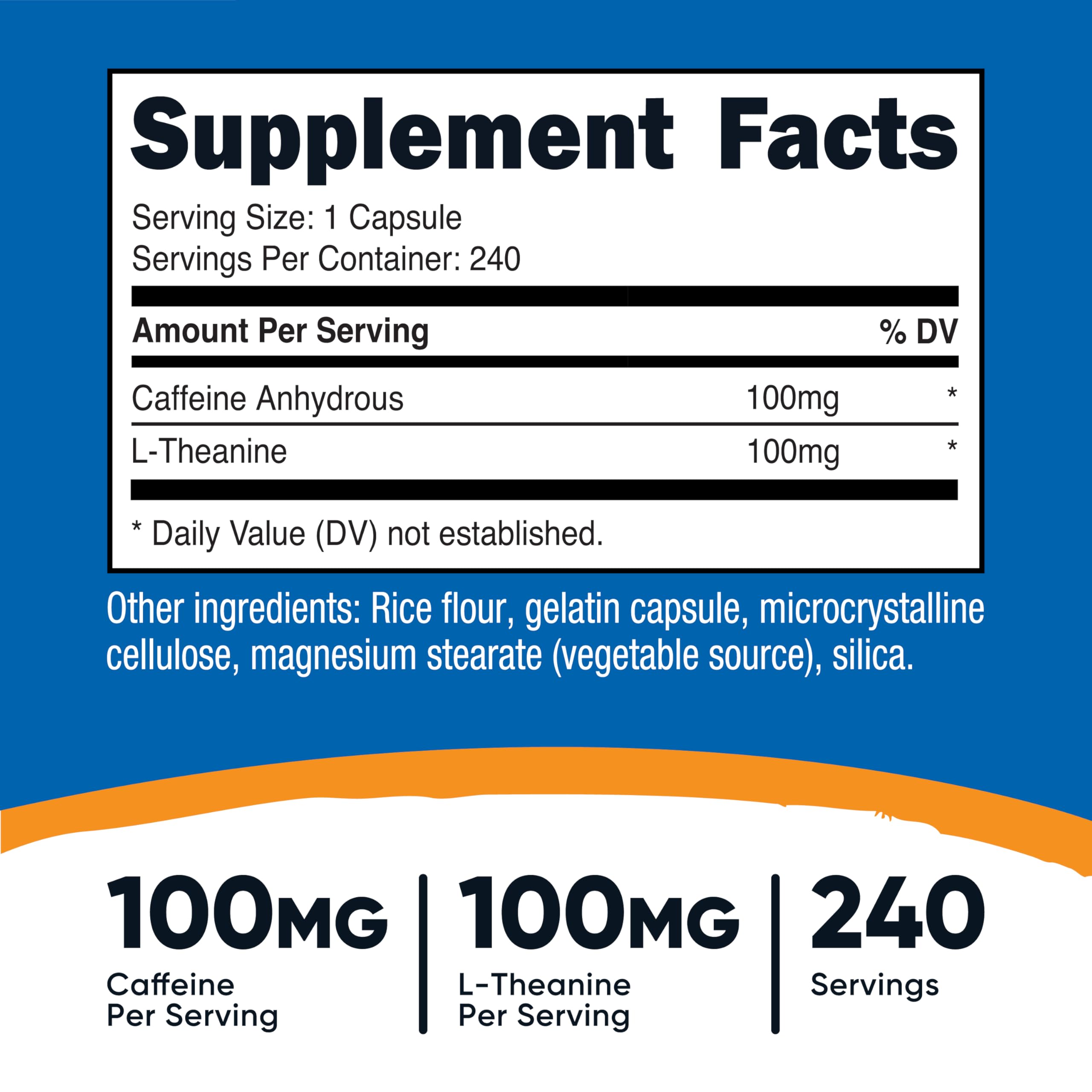 Nutricost Cafeína con L-Teanina: cápsulas listas para tu rutina diaria y concentración.