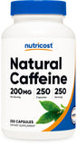 Nutricost cafeína natural cápsulas en frasco, energía sostenida para la jornada.
