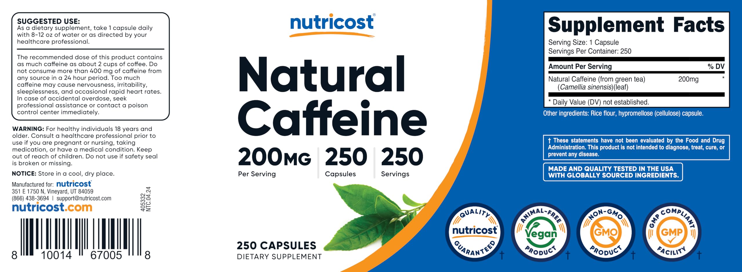 Nutricost cafeína natural cápsulas con pruebas externas que respaldan la calidad.