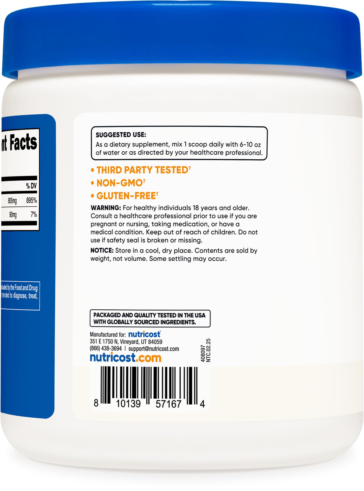 Nutricost calcio ascórbato etiqueta NSF GMP para calidad y pureza