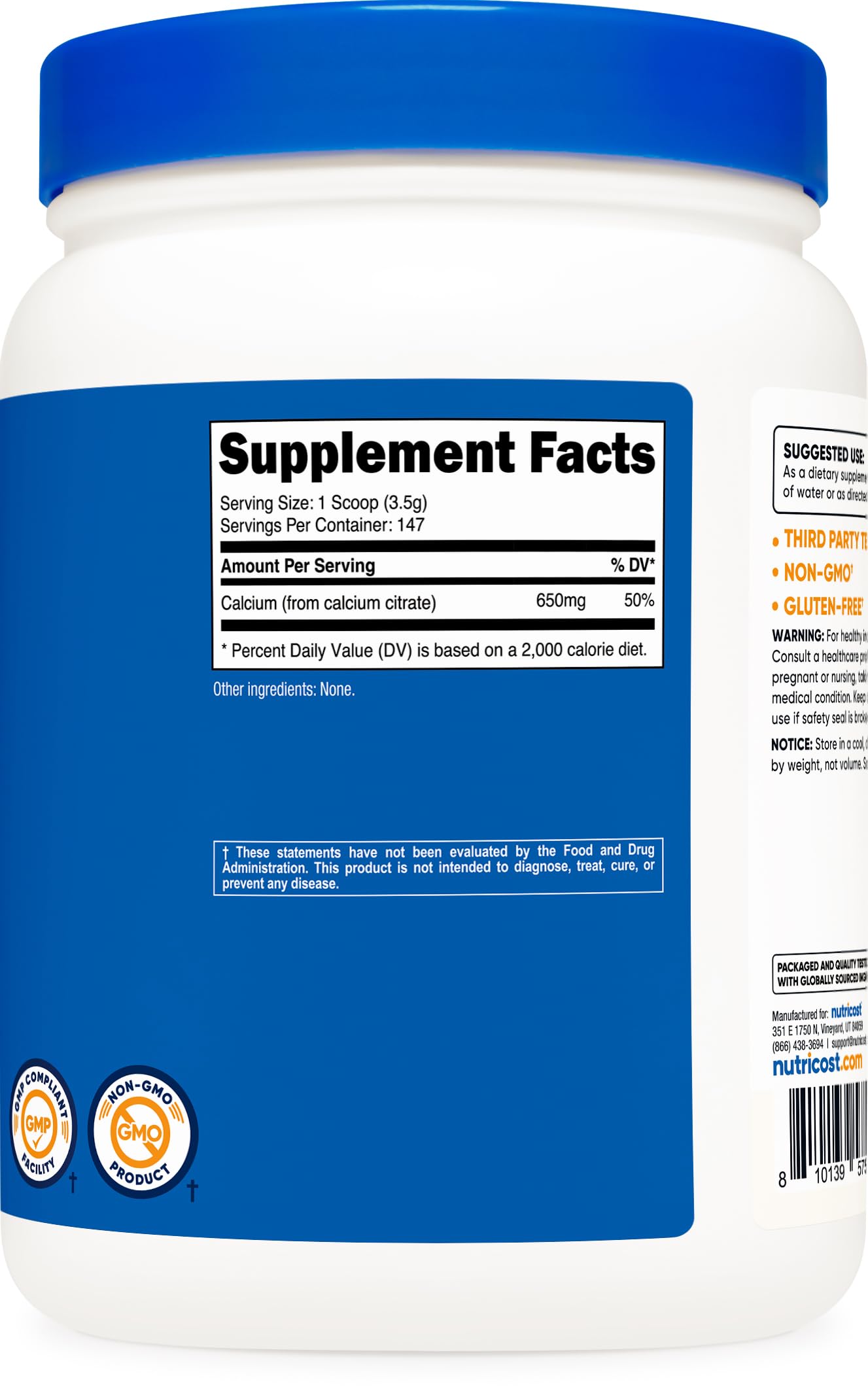 Nutricost calcio citrato certificaciones GMP FDA, producido en instalación registrada.