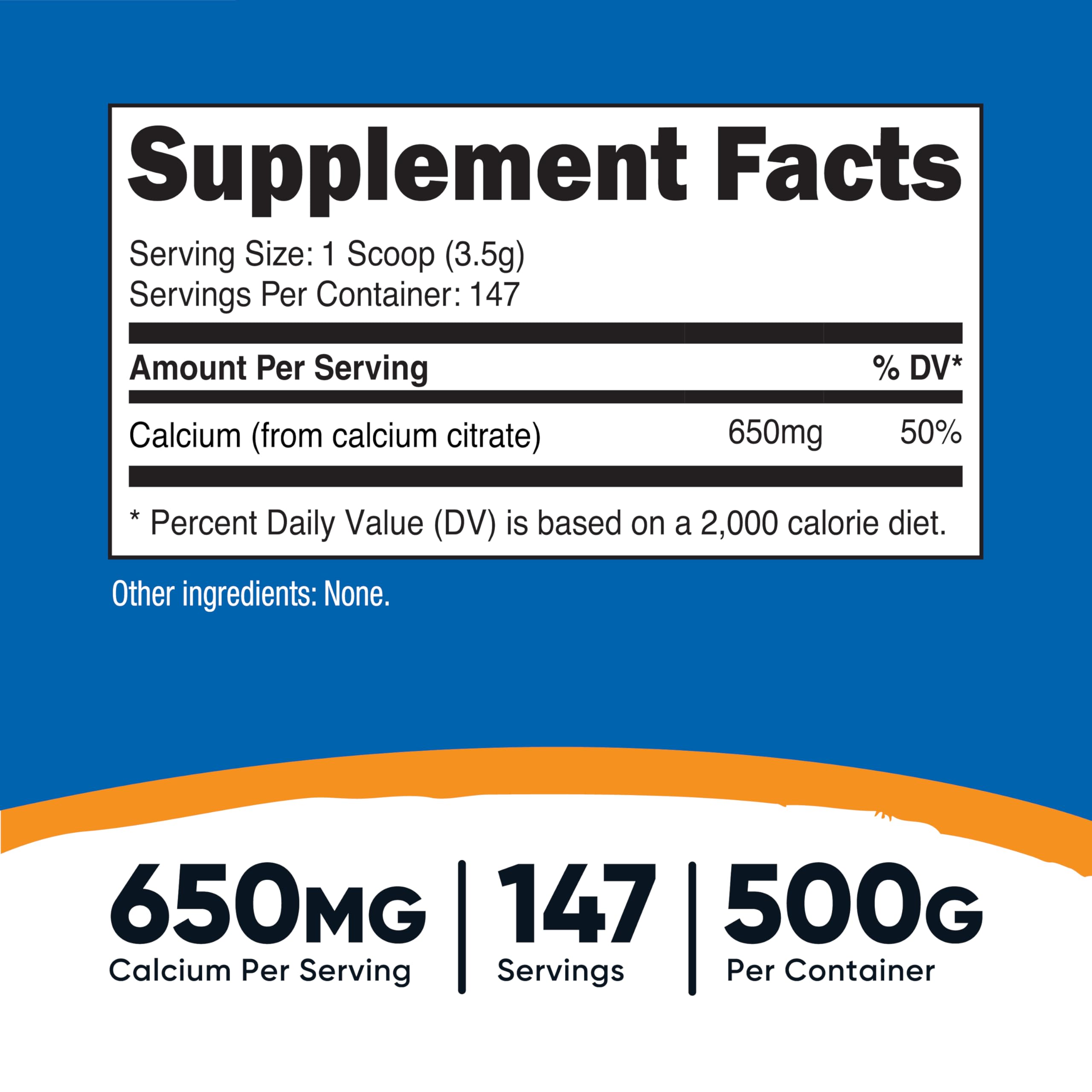 Nutricost calcio citrato frasco 500 g, práctico para dosis diarias.